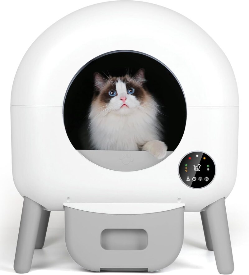 Self Cleaning Litter Box - 110L Large Automatic Cat Litter Box Self Cleaning, Multi cat can use, 1 Roll Garbage Bags and Mat, App Control, aWhite