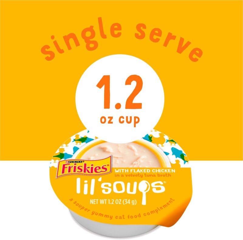 Purina Friskies Natural, Grain Free Wet Cat Food Lickable Cat Treats, Lil' Soups Flaked Chicken - (Pack of 8) 1.2 oz. Tubs - Image 4