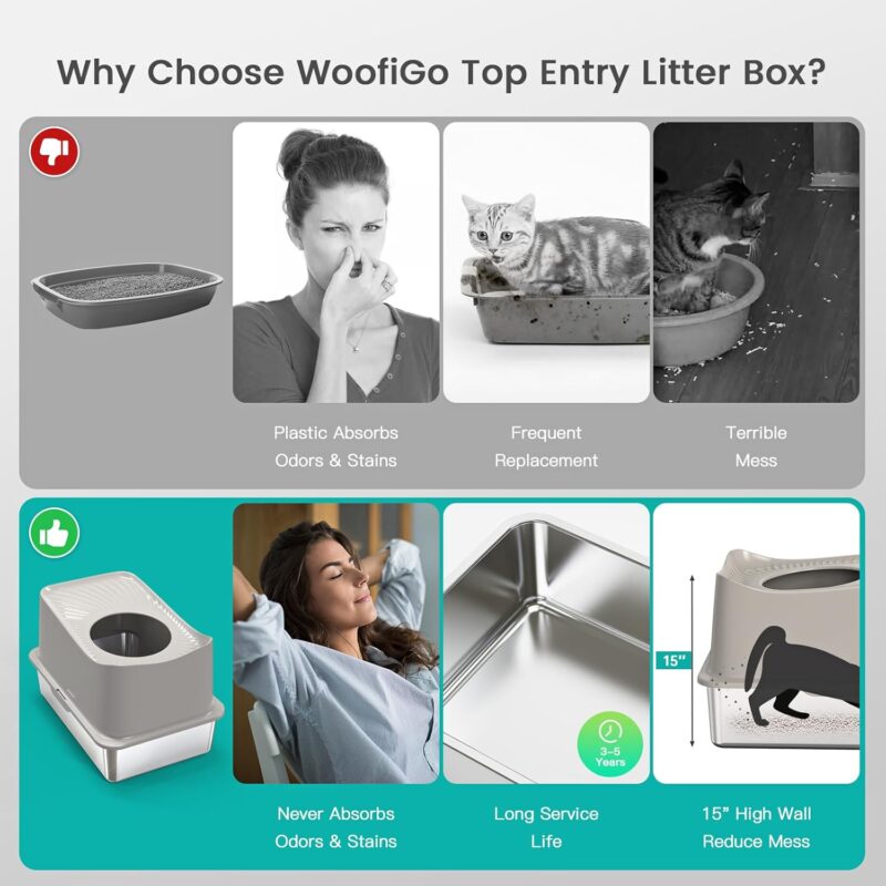 Stainless Steel Cat Litter Box, XL Top Entry Litter Box for Big Cats, Enclosed Large Litter Box with High Wall, Metal Cat Litter Box Never Absorbs Odors, Easily Cleaning, Include Scoop - Image 2