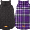 Kuoser Warm Dog Coat, Reversible Dog Jacket Waterproof Dog Winter Coat British Style Plaid Dog Clothes Pet Dog Cold Weather Coats Cozy Snow Jacket Vest for Small Medium Large Dogs Purple M