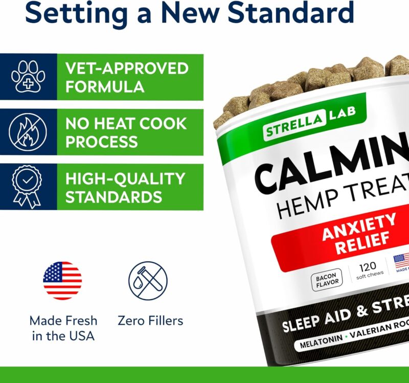 STRELLALAB Vet Formulated Hemp Calming Chews for Dogs - Anxiety Relief Calming Treats - Advanced Melatonin Pet Calm - Natural Sleep Aid & Stress, Separation Anxiety Relief - 120 Treats - Bacon - Image 5