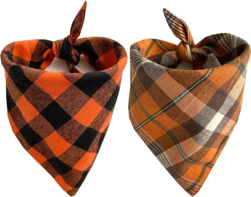 Realeaf Thanksgiving Fall Dog Bandanas 2 Pack, Orange Plaid Pet Scarf for Boy and Girl, Premium Durable Fabric, Holiday Halloween Bandana for Large and Extra Large Dogs (X-Large)