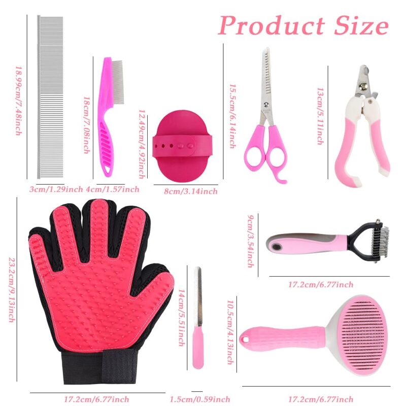 Pet Grooming Kit - 9 Pcs All-in-One Self Cleaning Set with Slicker Brush, Deshedding Tool, Scissors, Nail Clippers, and File for All Breeds and Sizes - Image 2