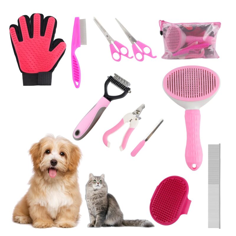 Pet Grooming Kit - 9 Pcs All-in-One Self Cleaning Set with Slicker Brush, Deshedding Tool, Scissors, Nail Clippers, and File for All Breeds and Sizes