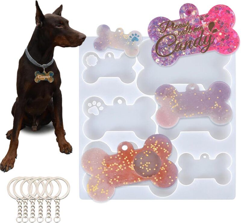 ZMD Pet Resin Molds Silicone for Dog Cat Tags, Resin Custom Bone Shape Epoxy Molds with 6Pcs Keychains Ring Personalized Gift for Dogs Cat Keychains DIY Crafts Making Tag Charm Pendant